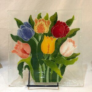 Peggy Karr Fused Art Glass Tulips Flower Plate Square 9 1/2" Signed